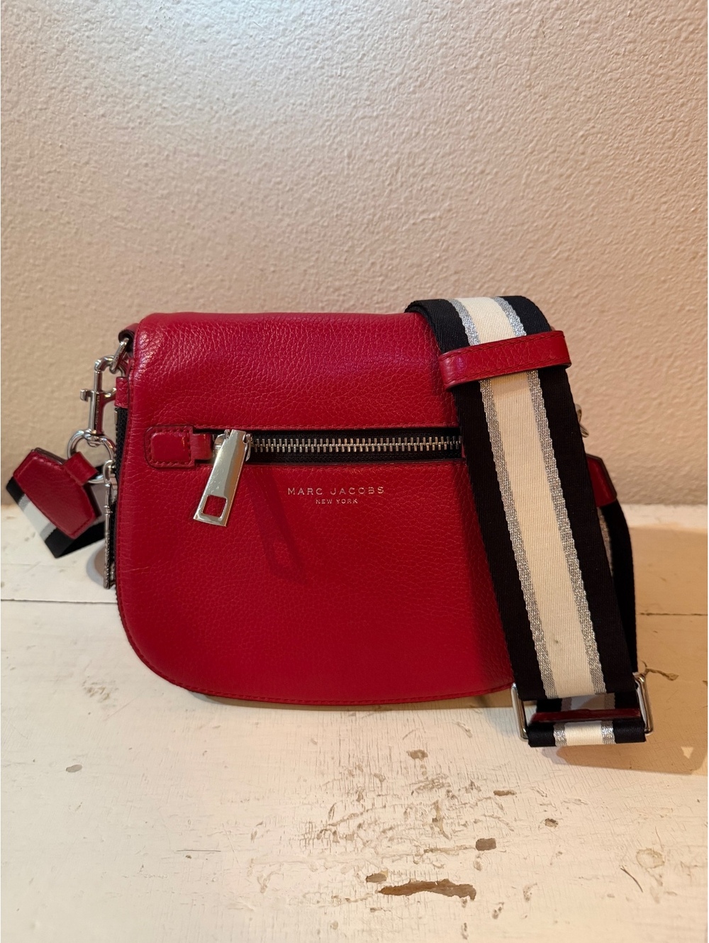 Marc Jacobs Red Leather Crossbody Bag with Adjustable Striped Strap